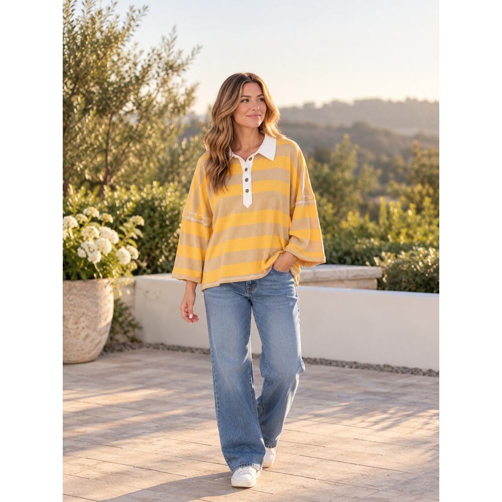 Free People Auggie Oat Latte Yellow Stripe Oversized Rugby Polo Tee S NWT $98 - Picture 9 of 9